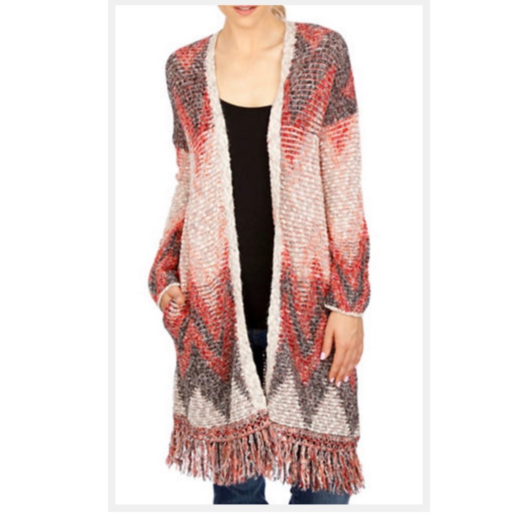 Lucky Brand FRINGED CARDIGAN Burnt orange & cream Indian inspired Festival ready